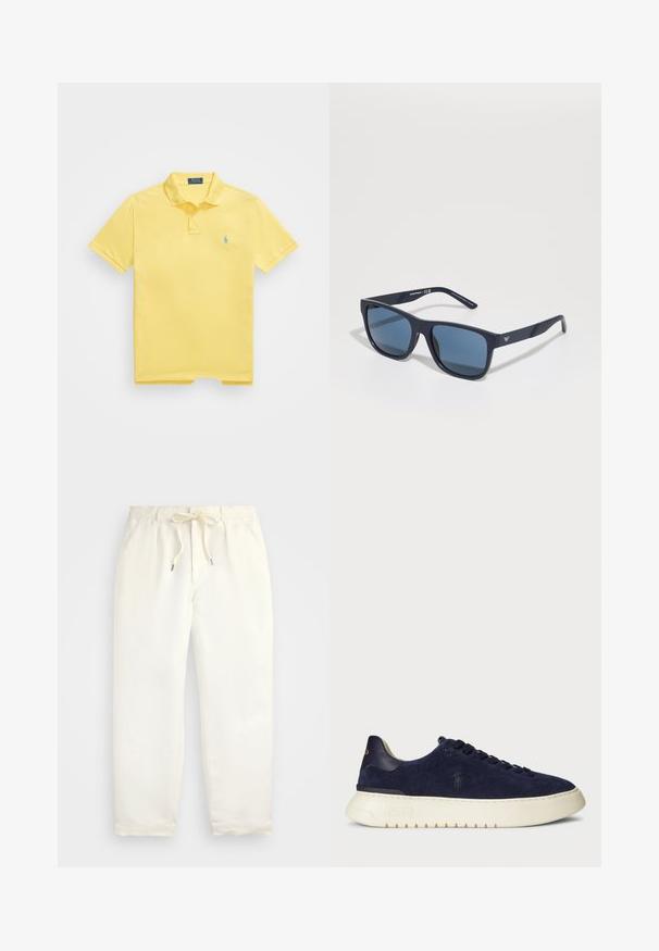 Polo Ralph Lauren THE ICONIC MESH POLO SHIRT - Polo shirt - yellow; Light cream, casual pants made of soft fabric. Features an elastic waistband with a drawstring, and tapered leg design.; Navy suede low-top sneaker with a textured surface, rubber sole, and tonal laces, featuring a small logo on the side and heel.; Blue rectangular sunglasses with dark lenses, matte navy frame, logo detail on the temple, straight arms, and a solid, smooth texture.