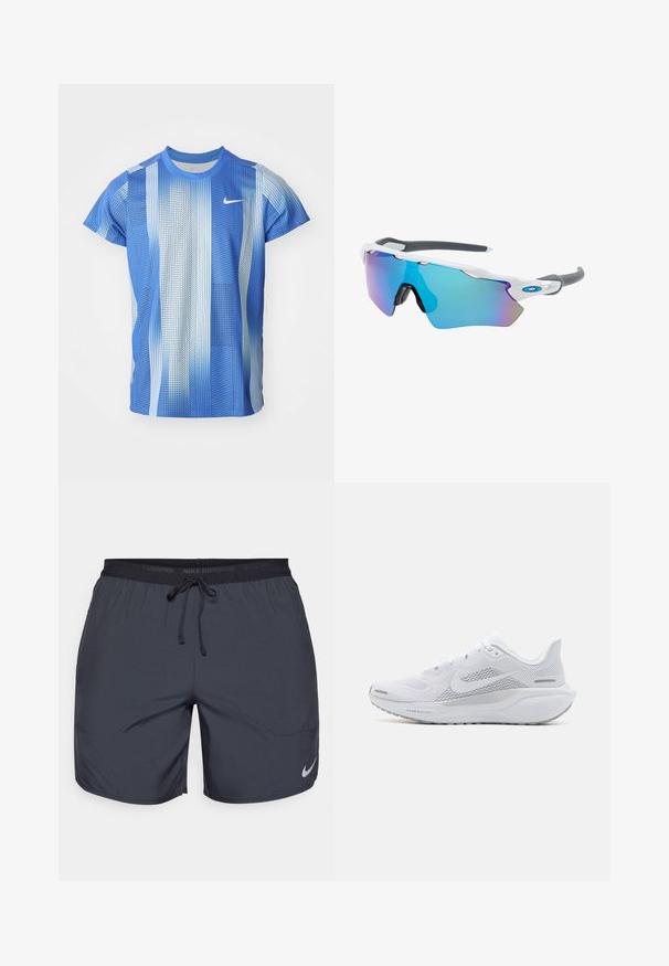 Nike rövid ujjú póló átmeneti kék árnyalatokban, négyzethálós mintával és kerek nyakkivágással. Könnyű, lélegző anyagból készült.; Sötétszürke Nike futóshorts, elasztikus derékkal és húzózsinórral, az alsó jobb lábszáron ezüst színű logóval.; Fehér sportcipő, hálós felsőrésszel, sima textúrájú díszítőelemekkel, szürke akcentusokkal, fűzőkkel, és párnázott talppal, amely a teljesítmény érdekében készült.; Fehér keretű napszemüveg, szürke díszítéssel és kék tükörlencsékkel. Sportos dizájn, körbeölelő forma és állítható orrtámasz.
