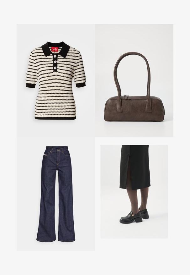 Neulottu poolopaita musta-valkoisilla raidoilla, lyhyillä hihoilla ja mustalla kauluksella. Edessä kolme helmiknappia.; Tummansiniset leveälahkeiset farkut denimmateriaalista, joissa on korkea vyötärö. Niissä on oranssit tikkaus, viisi taskua ja napitus.; Mustat nahkakengät pyöreällä kärjellä, paksulla lohkopohjalla ja joustavilla sivuakkesseilla, yhdistettynä tummiin sukkahousuihin ja mustaan hameeseen, jossa on halkio.; Ruskea nahkalaukku, jossa on kaksi tukevasti kantavaa kahvaa, suorakaiteen muotoinen, sileä pinta ja vetoketjukiinnitys. Minimalistinen muotoilu ilman näkyviä kuvioita.; Hopehope hopeilla, joissa on minimalistinen muotoilu. Pyöreä muoto, sileä pinta ja ohut profiili. Kevyet ja kiillotetut.