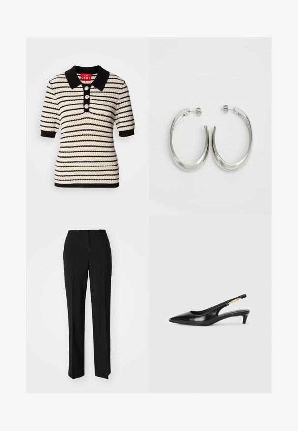 Pletený polo sveter s čierno-bielymi pruhmi, krátkymi rukávmi a čiernym golierom. Obsahuje tri uzávierky s perlovými gombíkmi vpredu.; Čierne krajčírské nohavice so strihom rovného nohu, s hladkou textúrou a ostrými skladmi pozdĺž prednej časti. Žiadne viditeľné hardvér.; Čierne kožené slingback opätky s špicatou špičkou, s úzkym opätkom a zlatým detailom na nastaviteľnom remienku. Hladká textúra.; Strieborné kruhové náušnice s hladkým, zakriveným dizajnom. Majú lesklý kovový povrch a zapínanie na kolík. Žiadne viditeľné vzory ani akcenty.