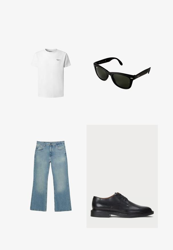 T-shirt bianco in cotone con scollo rotondo, maniche corte e un piccolo logo nero sul lato sinistro del petto. Texture liscia, vestibilità standard.; Jeans ampi in denim blu chiaro con cinque tasche, chiusura con bottone e lieve sfumatura, caratterizzati da orlo grezzo e cuciture resistenti.; Scarpa da uomo in pelle nera con punta rotonda, design con lacci e tacco basso impilato. Texture liscia con dettagli di cucitura minimi.; Occhiali da sole in plastica nera con lenti verde scuro. Il design della montatura quadrata presenta dettagli argentati e un logo in rilievo sulla tempia.