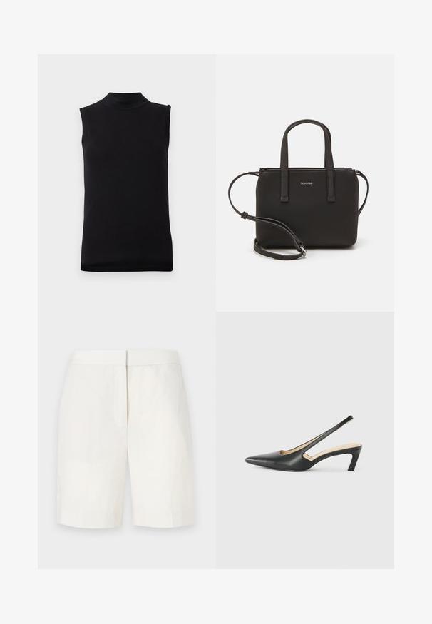 Must have musta ilma varrukatipp, millel on kõrge kaelus, valmistatud siledast ja venivast kangast, esitatud lihtsal valgel taustal.; Valged puuvillased lühikesed püksid sirge lõikega, lamedate esiosadega ja peene tekstuuriga. Omavad vöökohta ja ei sisalda nähtavaid taskuid. Lihtne disain.; Must mustaga, terav varvas, madala kontsaga sildiga king, mis on valmistatud siledast nahast ja mille küljel on lõike disain hingavuse tagamiseks.; Musthave mustrans vöö ja eemaldatav õlarihm. Gludike nahk siledaga, millel on tõmblukk ja logo detail.