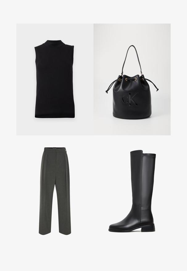 Top senza maniche nero con collo alto realizzato in un tessuto liscio ed elastico, esposto su uno sfondo bianco semplice.; Pantaloni grigi a gamba larga realizzati in tessuto texturizzato, con vita alta e pieghe frontali. Il design presenta una cintura liscia e nessuna chiusura visibile.; Stivale in pelle nera al ginocchio con texture liscia, punta rotonda, tacco basso a blocco e dettagli di cucitura sottile lungo il lato.; Borsa a secchiello in pelle nera con chiusura a cordoncino, caratterizzata da un logo "CK" lucido sulla parte anteriore e dettagli in hardware dorato.