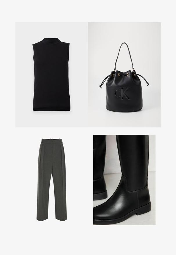 Top senza maniche nero con collo alto realizzato in un tessuto liscio ed elastico, esposto su uno sfondo bianco semplice.; Pantaloni grigi a gamba larga realizzati in tessuto texturizzato, con vita alta e pieghe frontali. Il design presenta una cintura liscia e nessuna chiusura visibile.; Stivali neri in pelle fino al ginocchio con una texture liscia, punta rotonda, cuciture minime e un tacco basso a blocco. Presentano un design elegante e aderente.; Borsa a secchiello in pelle nera con chiusura a cordoncino, caratterizzata da un logo "CK" lucido sulla parte anteriore e dettagli in hardware dorato.