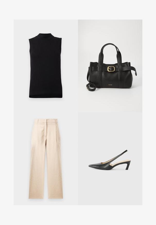 Musta hihaton paita, jossa on korkea kaula-aukko, valmistettu sileästä, joustavasta kankaasta, esiteltynä yksinkertaisella valkoisella taustalla.; Beige-housut, jotka on valmistettu sileästä kankaasta. Ominaisuuksiin kuuluu suora leikkaus, litteä etuosa ja kaksi laskosta. Ei näkyviä kuvioita tai varusteita.; Musta, kärjeltään terävä slingback-kengä, jossa on matala korko. Kengässä on sileä nahkamateriaali ja sivuilla leikkaukset hengittävyyttä varten.; Musta nahkakäsilaukku, jossa on struktuurinen muotoilu, kaksoiskahvat, kultasävyinen solkiaksentti ja kohokuvioitu brändilogo edessä.