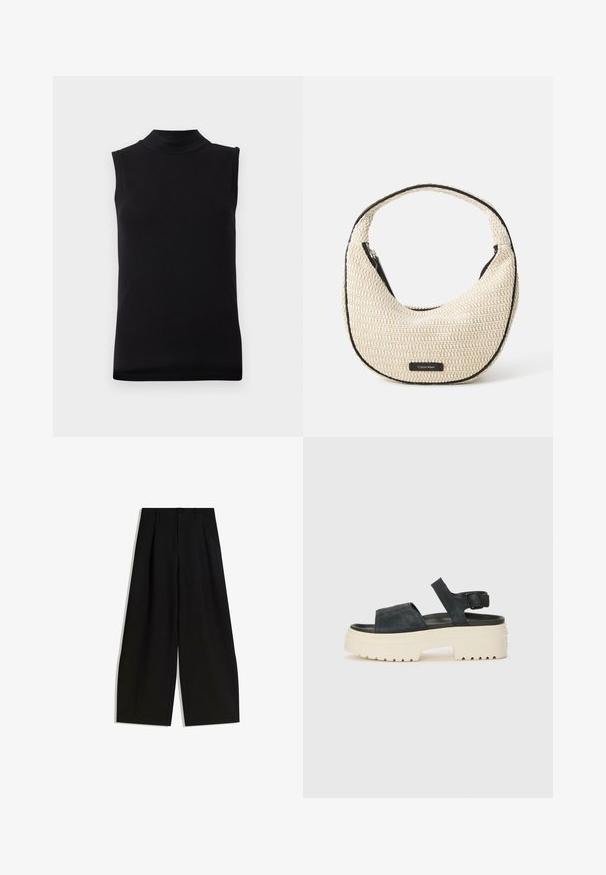 Čierny top bez rukávov s vysokým výstrihom vyrobený z hladkého, pružného materiálu, vystavený na bielom pozadí.; Čierne široké nohavice vyrobené z hladkej tkaniny, s vysokým pásom, záhybmi vpredu a žiadnymi viditeľnými ozdobami alebo vzormi.; Čierne zamšové platformové sandále s hrubou bielou podrážkou, širokým predným remienkom a nastaviteľným členkovým zapínaním. Textúrovaná podrážka pre lepšiu priľnavosť.; Beige pletená taška na rameno s zakriveným tvarom a čiernymi detailmi. Obsahuje horné zapínanie na zips a logo nášivku na prednej strane.