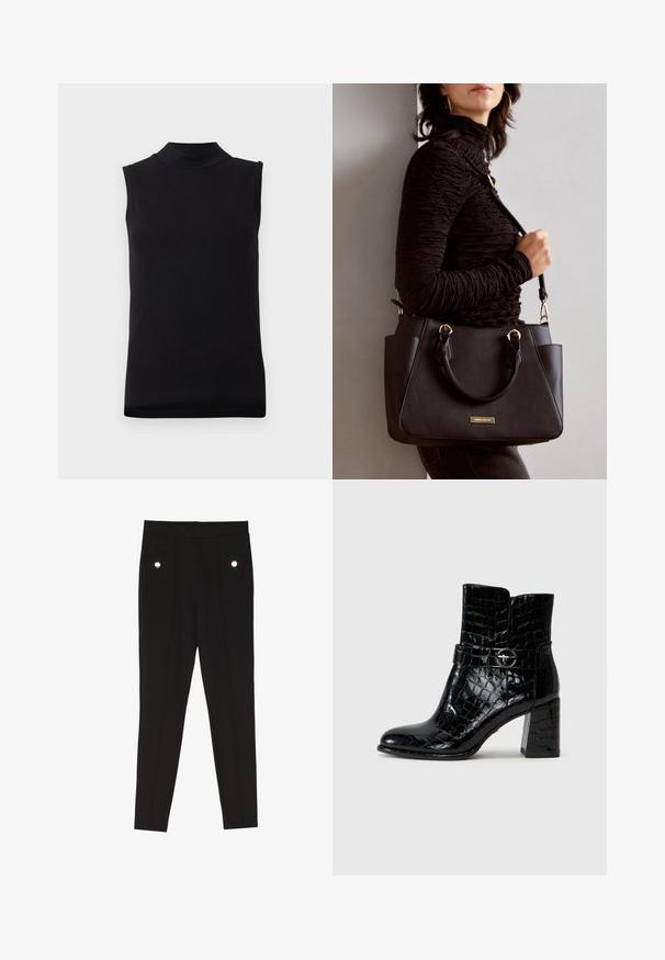Svart ermeløs topp med høy hals laget av glatt, stretchmateriale, vist på en enkel hvit bakgrunn.; Sorte skreddersydde bukser med en glatt tekstur, som har to frontlommer med dekorative maskinvaredetaljer, og en slim-fit design.; Tamaris Støvletter - black; Svart håndveske med teksturert overflate, doble topphåndtak og justerbar skulderrem. Har detaljer i gulltone og sidelommer.
