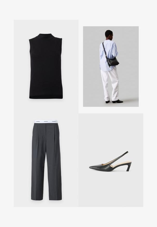 Melnas bezpaša augsta kakla blūze, izgatavota no gludas, elastīgas auduma, izlikta uz vienkārša baltā fona.; Pelēki platleņķa bikses no gludas auduma, ar priekšējiem krokām un baltu jostu ar Calvin Klein logotipu.; Melna, ar smailu purngalu, slingback kurpe ar zemu papēdi, izgatavota no gludas ādas materiāla un ar izgriezumiem sānos gaisa caurlaidībai.; Melna ādas plecu soma ar mīkstu tekstūru, trīsstūra formu un regulējamu siksnu, apvienota ar gaiši zilu svītrotu krekli un baltām biksēm.