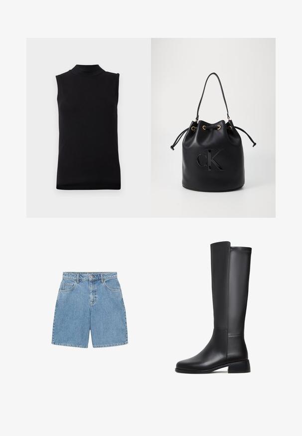 Crna majica bez rukava s visokim izrezom napravljena od glatkog, rastezljivog materijala, prikazana na jednostavnoj bijeloj pozadini.; Traper šortsevi u svijetloplavoj boji, s visokim strukom, četiri džepa i vidljivim šavovima. Napravljeni od teksturiranog traper materijala.; Crne kožne čizme do koljena s glatkom teksturom, zaobljenim vrhom, niskom blok petom i suptilnim detaljem šivanja duž bočne strane.; Crna kožna torba u obliku kante s zatvaranjem na vezicu, koja na prednjoj strani ima sjajni "CK" logo i zlatne metalne detalje.