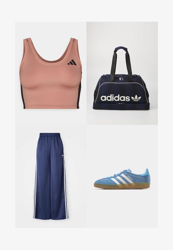 Sport-BH aus weichem, rosafarbenem Stoff mit Rundhalsausschnitt, schwarzen Seitenstreifen und dezenten Logo-Details. Tailored Fit mit glatter Textur.; Navyblaue, weit geschnittene Hose mit vertikalen weißen Streifen, elastischem Bund und drei weißen Streifen an jeder Seite, aus leichtem Material gefertigt.; adidas Originals GAZELLE INDOOR - Sneaker low - footwear white; Navy Duffelbag mit weißem Adidas-Logo, ausgestattet mit einem Reißverschluss oben, zwei robusten schwarzen Griffen und seitlichen Netztaschen. Glatte Stoffoberfläche.