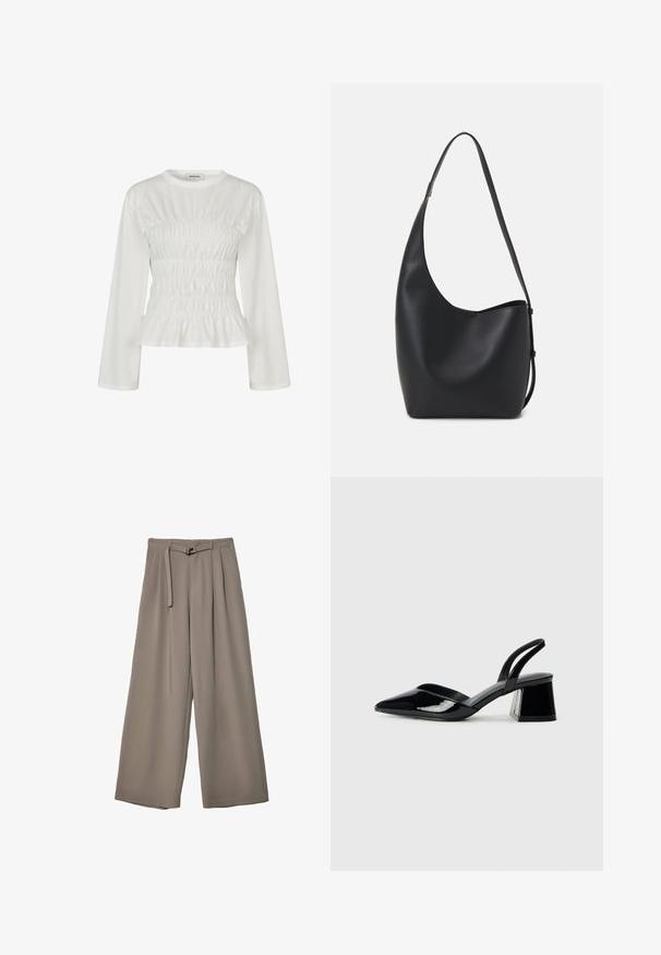 Bela dolga majica z nabranim bodicem in razširjenim robom. Narejena iz mehke bombažne tkanine z gladko teksturo in okroglo izrezo.; Široke hlače iz mehke, umirjene sive tkanine, z pasom, ki ga je mogoče zavezati, in z gubami za dodatne oblikovne podrobnosti. Gladka tekstura, brez vzorcev.; Črne lakirane slingback pete s koničastim nosom in geometrijsko blokasto peto. Imajo eleganten, minimalističen dizajn in gladko teksturo.; Črna usnjena hobo torba z gladko teksturo, ukrivljeno obliko in eno nastavljivo naramnico; ima širok odprtina na vrhu.