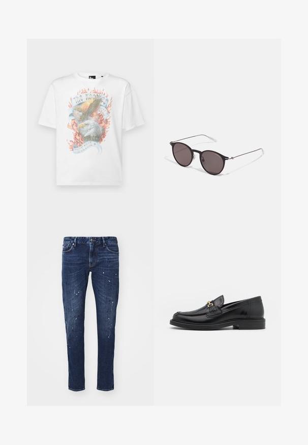 T-shirt blanc en coton avec un graphique de deux aigles entourés de flammes et d'un ruban portant "Depuis 2000", dans des couleurs vives.; Jean en denim bleu foncé avec une coupe slim, ornés de éclaboussures de peinture, de coutures visibles et d'un design standard à cinq poches. Coupe jambe droite.; Mocassins en cuir noir avec un embout rond, présentant des accents en métal doré et des détails de couture, montés sur une semelle en caoutchouc texturé et basse.; Lunettes de soleil noires rondes avec verres sombres et branches en métal fines. Comprend des embouts transparents et des accents argentés au niveau de la charnière. Design minimaliste.