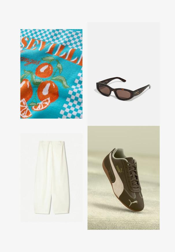 Gestrickter Stoff in Türkis mit orangefarbenen Orangen und grünen Blättern, versehen mit einem karierter Muster und dem Text "Sevilla" in Orange und Weiß.; Weite Hosen aus einem weichen Creme-Stoff, mit glatter Textur, seitlichen Taschen und einem lässigen Schnitt mit mittelhohem Bund.; Braune Puma-Sneaker mit beiger Streifen und Logo, geschnürt, auf einer strukturierten beigen Oberfläche ruhend.; Braune Schildpatt-Sonnenbrille mit rechteckiger Form, dunklen braunen Gläsern und goldener "Vogue"-Markierung an den Bügeln.; Geflochtene Strohttasche mit geflochtener Textur, dunkelbraunen Ledergriffen und Boden, breiter runder Form und offenes Oberteil.