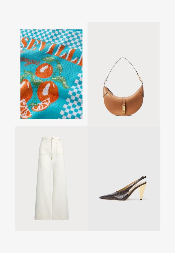 Neulottu kangas turkoosina, jossa on oransseja appelsiineja ja vihreitä lehtiä, ruudullinen kuvio ja "Seville"-teksti oranssina ja valkoisena.; Reisitaskuhousut vaaleanvalkoisesta denimestä. Korkea vyötärö, napitus, kaksi etutaskua ja kontrastiväriset ompeleet.; Kärppäotsa slingback-korkokengät tummanruskeasta kiiltävästä keinonahasta, joka imitoi krokotiilin ihoa. Malleissa on kultasävyinen geometrinen korko ja säädettävä nilkkaremmi.; Vaaleanruskea nahkainen käsilaukku, jossa on kaareva muoto, kultaiset metalliosat ja ohut olkahihna. Varustettu vetoketjulla ja logolla edessä.