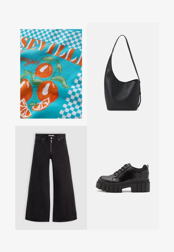 Gestrickter Stoff in Türkis mit orangefarbenen Orangen und grünen Blättern, versehen mit einem karierter Muster und dem Text "Sevilla" in Orange und Weiß.; Schwarze Denim-Jeans mit weitem Bein, Reißverschluss vorne, Fünf-Taschen-Design und dezenten Stickdetails. Glatte Textur und lässiger Stil.; Schwarze Lederplateauschuhe mit klobigem Blockabsatz, runder Zehenpartie und traditionellem Schnürdesign. Verfügt über eine glatte Textur und minimale Details.; Schwarze Leder-Hobo-Tasche mit einer glatten Textur, geschwungener Form und einem einzelnen verstellbaren Tragegurt; verfügt über eine weite Öffnung am oberen Ende.