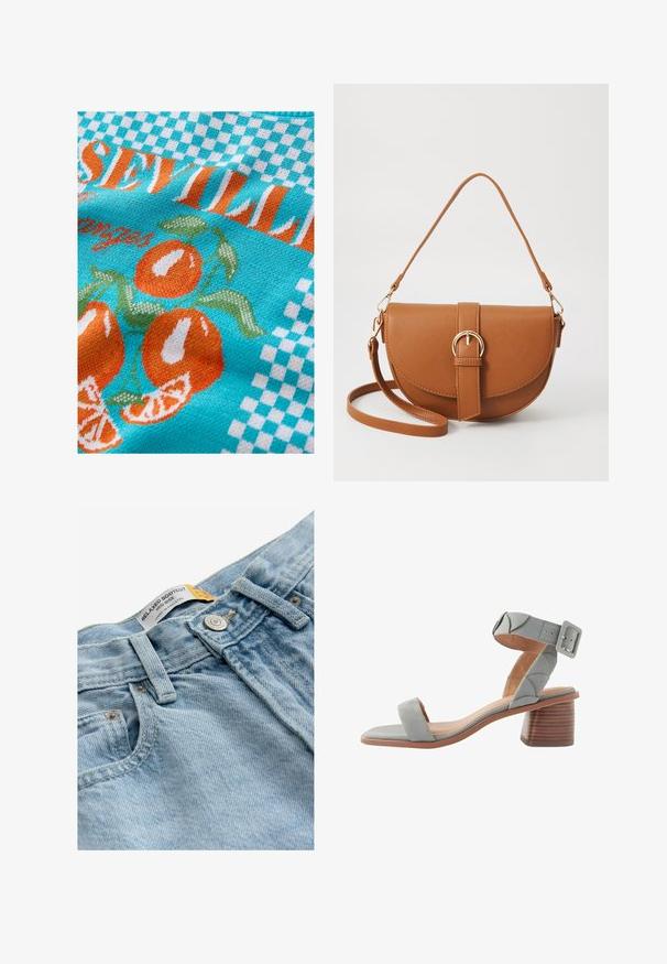Gebreide stof in turquoise met oranje sinaasappels en groene bladeren, voorzien van een geruit patroon en de tekst 'Seville' in oranje en wit.; Lichtblauwe denim jeans met een ontspannen bootcut ontwerp, middelhoge taille, metalen knoopsluiting en een etiket met de tekst "RELAXED BOOTCUT."; Next FOREVER COMFORTREGULAR FIT - Sandalen - blue; Bruine leren schoudertas met een gebogen vorm, gouden hardware en een gespaccent. Bevat een afneembare schouderriem.