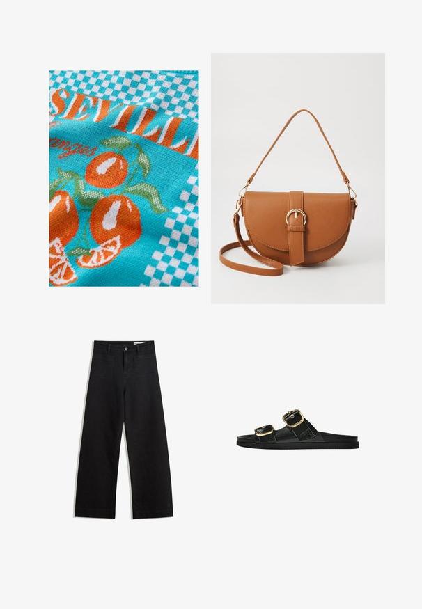 Pletená látka v tyrkysovej farbe s oranžovými pomarančmi a zelenými listami, so šachovnicovým vzorom a textom "Sevilla" v oranžovej a bielej farbe.; Čierne denimové nohavice s širokými nohavicami a vysokým pásom, so prednými a zadnými vreckami, šitými švami a zapínaním na gombík. Hladká textúra.; Čierne šľapky s dvoma zlatými prackami, hladký textúrovaný materiál, plochá podrážka a minimalistický dizajn.; Hnedá kožená kabelka cez telo s zakriveným tvarom, zlatými kovovými doplnkami a akcentom s prackou. Obsahuje odnímateľný ramenný popruh.