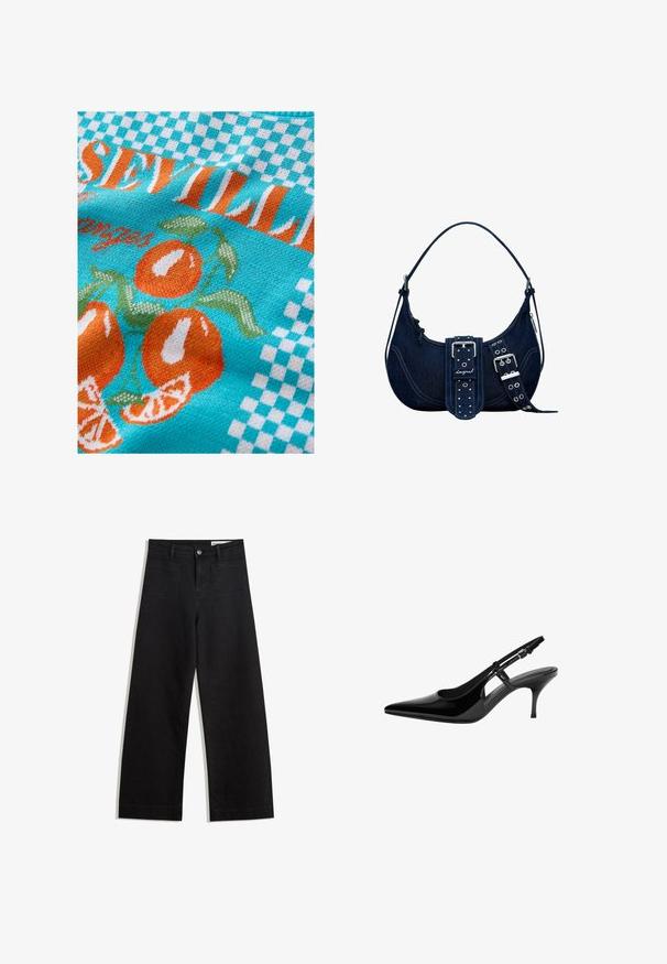 Pletená látka v tyrkysovej farbe s oranžovými pomarančmi a zelenými listami, so šachovnicovým vzorom a textom "Sevilla" v oranžovej a bielej farbe.; Čierne denimové nohavice s širokými nohavicami a vysokým pásom, so prednými a zadnými vreckami, šitými švami a zapínaním na gombík. Hladká textúra.; Čierne lakované lodičky na podpätku so špicatou špičkou, otvorenými bokmi, štíhlým podpätkom a nastaviteľným remienkom okolo členka.; Tmavomodrá denimová taška na rameno s oblým vrchom, striebornými kovaniami, výrazným zapínaním a akcentmi strapca so cvočkami. Viditeľná priehradka na zips.