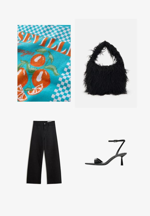 Pleteni materijal u tirkiznoj boji s narančastim narančama i zelenim lišćem, s kariranim uzorakom i tekstom "Sevilla" u narančastoj i bijeloj boji.; Crne široke traperice s visokim strukom, s prednjim i stražnjim džepovima, šivenim šavovima i kopčanjem na gumb. Glatka tekstura.; Bershka Sandale s visokom petom - black; Even&Odd Velika torba - black