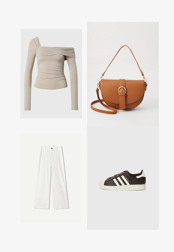 Béžový top s dlouhým rukávem a designem bez ramínek, s řasenou texturou a přiléhavým siluetou. Hladká, elastická tkanina.; Bílé široké kalhoty vyrobené z hladké tkaniny, se zapínáním na přední knoflík a sklady. Hladký přední design, žádné viditelné kapsy.; Nízký teniska Adidas Superstar z tmavě hnědé kůže s krémovou špičkou, bílými pruhy a nápisem "Superstar" na boku.; Hnědá kožená křížová taška s zakřiveným tvarem, zlatými detaily a akcentem s přezkou. Obsahuje odnímatelný popruh na rameno.
