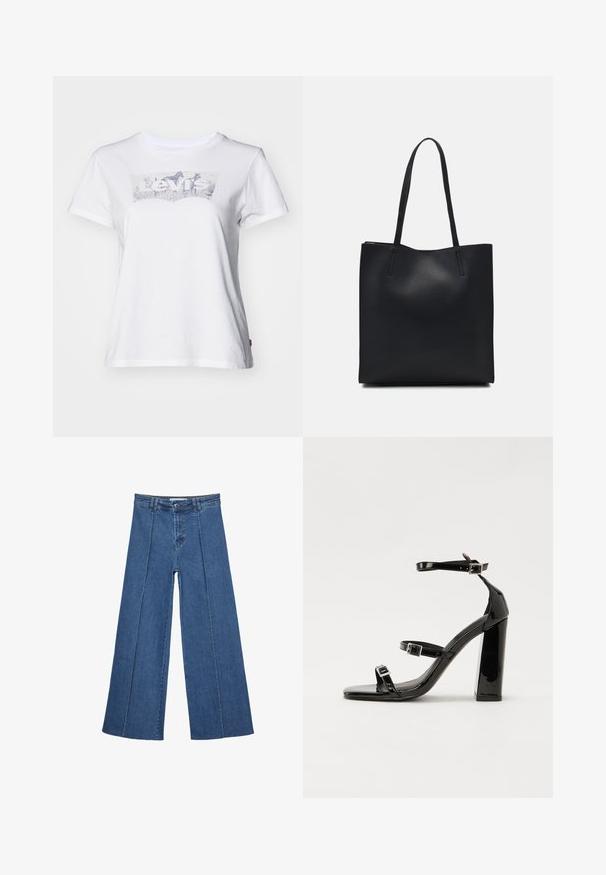 Valkoinen puuvillainen t-paita, jossa on sininen graafinen printti, jossa lukee "Levi's" ja luontotausta. Lyhyet hihat, pyöreä pääntie ja rento leikkaus.; Korkeat vyötäröiset, keskisiniset, leveiden lahkeiden denim-farkut, joissa on nappikiinnitys ja kontrastiväriset pystysaumadetaileja edessä.; Musta kiiltävä korkokenkä sandaalit neliönmuotoisella varpaalla, nilkkaremmillä ja hopeisilla soljilla. Varustettu tukevalla lohkokorkealla vakauden takaamiseksi.; Mustapahkainen kangaskassi, jossa on sileä pinta, suorakaiteen muotoinen ja kaksi pitkää kahvaa. Ei näkyvää metalliosaa tai koristeita.