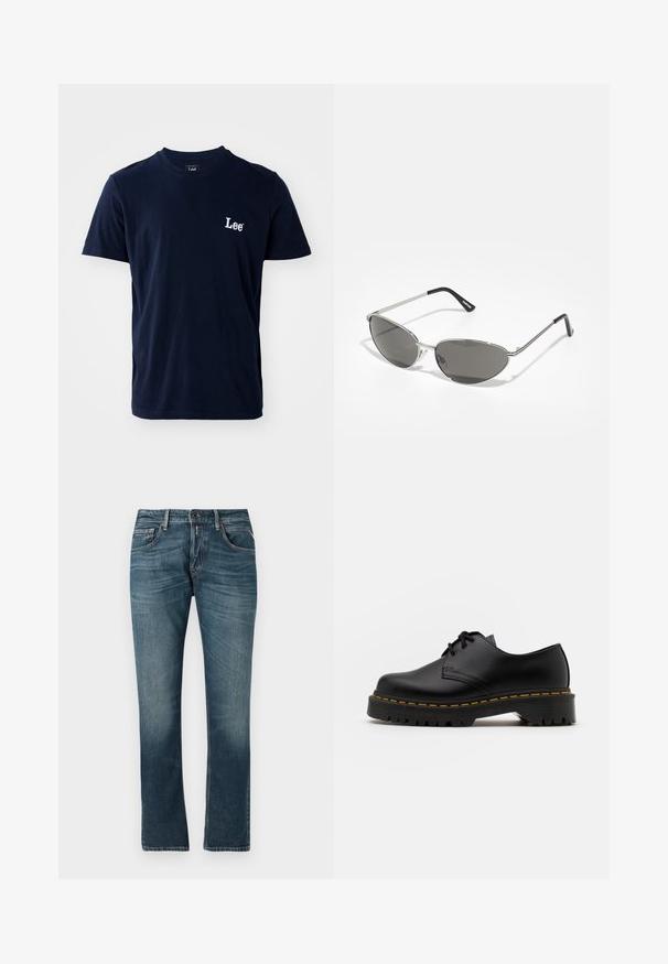 T-shirt in cotone blu navy con maniche corte, collo a giro e logo "Lee" ricamato nell'area sinistra del petto. Texture liscia.; Jeans in denim blu con una vestibilità dritta, lavaggio sbiadito, design a cinque tasche e cuciture a contrasto. Chiusura con bottoni e zip.; Scarpa nera in pelle con lacci, punta arrotondata, suola in gomma texturizzata e cuciture gialle attorno alla base. Design piatto e finitura liscia.; Occhiali da sole con una struttura elegante in metallo argentato, lenti grigio scuro e un design aerodinamico caratterizzato da bordi appuntiti e aste sottili.