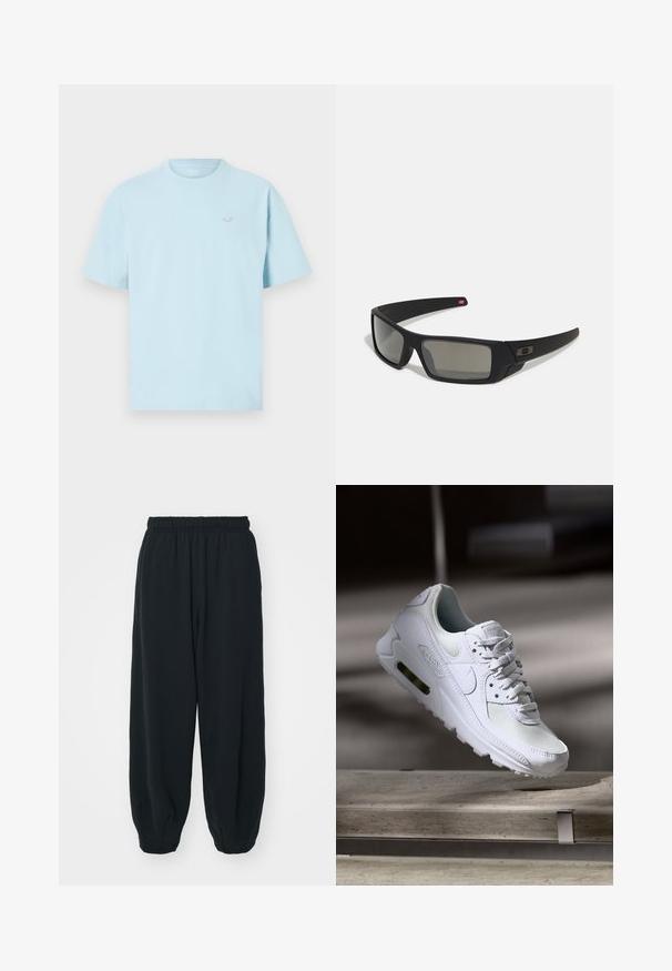 Camiseta azul claro de algodón, con mangas cortas y cuello redondo. Incluye un pequeño logo blanco en el pecho.; Pantalones de chándal negros con cintura elástica, de corte holgado, con puños en los tobillos, textura suave y sin patrones visibles ni acentos metálicos.; Zapatilla Nike Air Max 90 blanca con parte superior de malla y cuero, caja de puntera perforada y unidad de aire visible en el talón.; Gafas de sol negras con acabado mate, lentes rectangulares, ligera curvatura en las patillas, sutil detalle del logo y lentes ahumados.