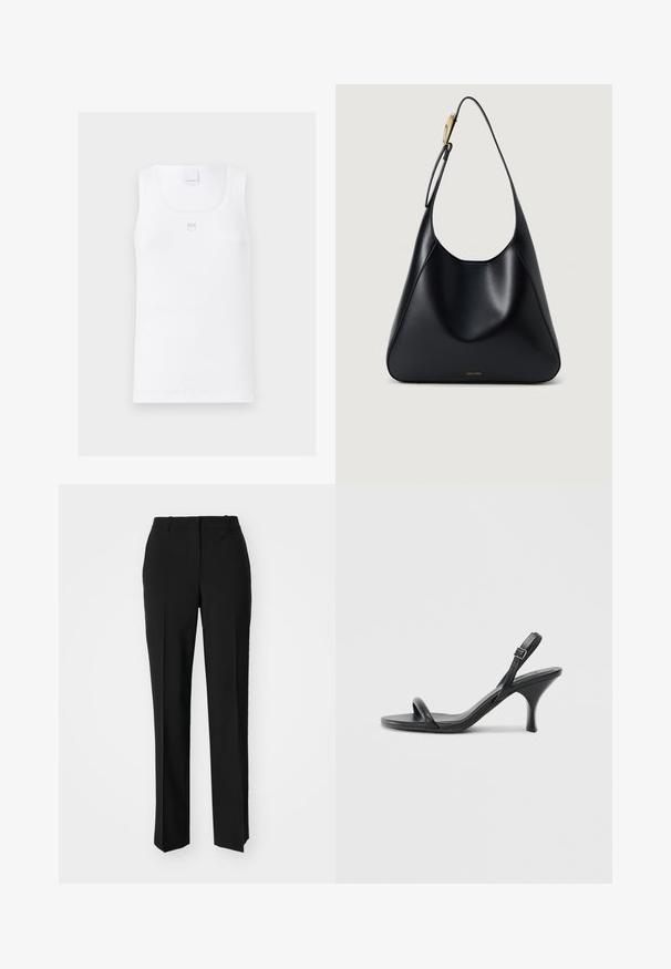 Valge ribadega tank top ruudukesega kaelusega, õhukeste rihmadega ning väikese tikandiga logoga rinnal. Pehme puuvillane materjal.; Mustad ja sirged püksid, millel on sile tekstuur ja teravad voldid esiosas. Ilma nähtavate detailideta.; Mustad nahast kõrgete kontsadega sandaalid, millel on saledad, kõverad kontsad ja ristatud rihma disain. Reguleeritav pahkluu rihm. Sile tekstuur.; Must mustriba mustkott, millel on sile tekstuur, kõver siluett ja kuldne riistvara aksent. Omab reljeefset brändilogo alusel.