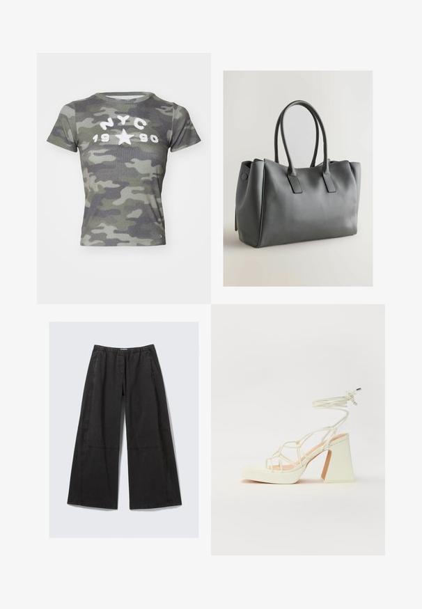 BDG Urban Outfitters NYC 1990 APPLIQUE TEE - Marškinėliai su spaudiniu - camo; Juodos plačios kelnės pagamintos iš medvilnės. Su elastinga juosta ir siūlėmis, dekoruotomis siuvinėjimo detalėmis. Lygus priekis be kišenių.; Balti aukštakulniai sandalai su masyviu kulnu, su dirželių dizainu ir kulkšnies raiščiu. Lygi tekstūra su platforma priekyje, suteikianti papildomą aukštį.; Pilkas odinis rankinukas su dviem rankenomis, stačiakampio formos, lygia tekstūra ir minimalistiniu dizainu. Turi plokštes šonines paneles ir subtilų siuvinėjimą.