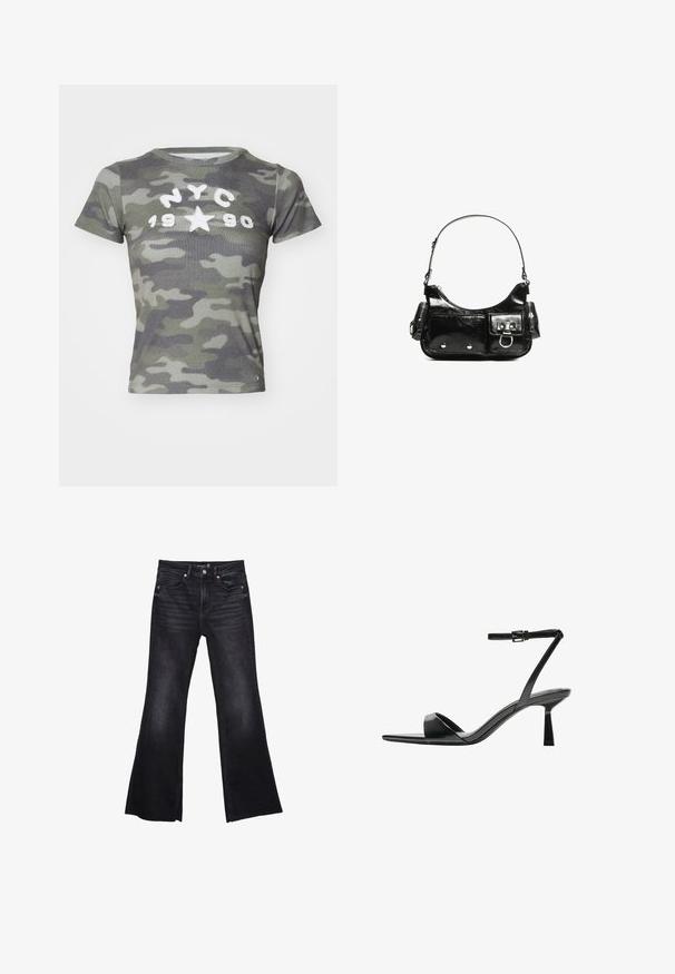 BDG Urban Outfitters - T-shirt z nadrukiem; Czarne dżinsy w kształcie dzwonów, wykonane z denimu o lekko zblakłej fakturze. Posiadają przednie kieszenie, rozporek na zamek i widoczne akcenty przeszycia.; Bershka - Sandały na obcasie; Czarna torebka z lakierowanej skóry o zaokrąglonym kształcie, z jednym paskiem na ramię, przednimi kieszeniami i akcentami w kolorze srebrnym.