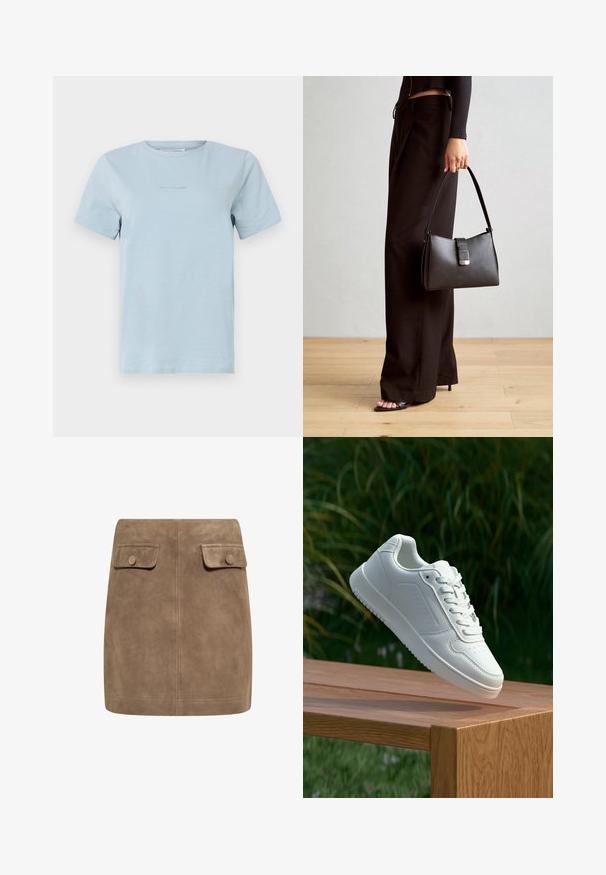 Ljusblå kortärmad T-shirt i mjuk bomull, med en rund hals och minimalistisk logotext i mitten. Slät textur, normal passform.; Brun mockaskinn mini kjol med en slät textur, som har två framfickor med klaff och knäppningar på varje sida. Enkel, rak design.; Vita sneakers med en slät syntetisk ovandel, perforerat tåparti, platta snören och en strukturerad sula, placerade på en träyta.; Svart handväska med strukturerad form, slät yta och metallspänne. Matchad med vida svarta byxor och sandaler med öppen tå på trägolv.