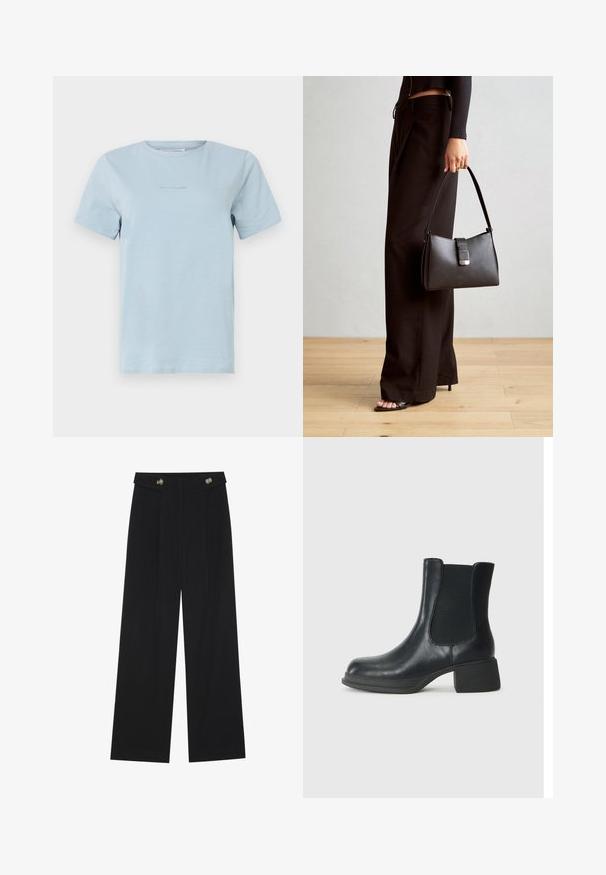 Light blue short-sleeve T-shirt in soft cotton, featuring a crew neck and minimalistic logo text at the center. Smooth texture, regular fit.; Black wide-leg trousers with high waist, button details on waistband, and front pleats.; Black leather ankle boot with elastic side panels, rounded toe, and a low block heel. The surface has a smooth texture and minimal detailing.; Black handbag with structured shape, smooth texture, and a metallic clasp. Paired with wide black pants and open-toe sandals on wooden floor.