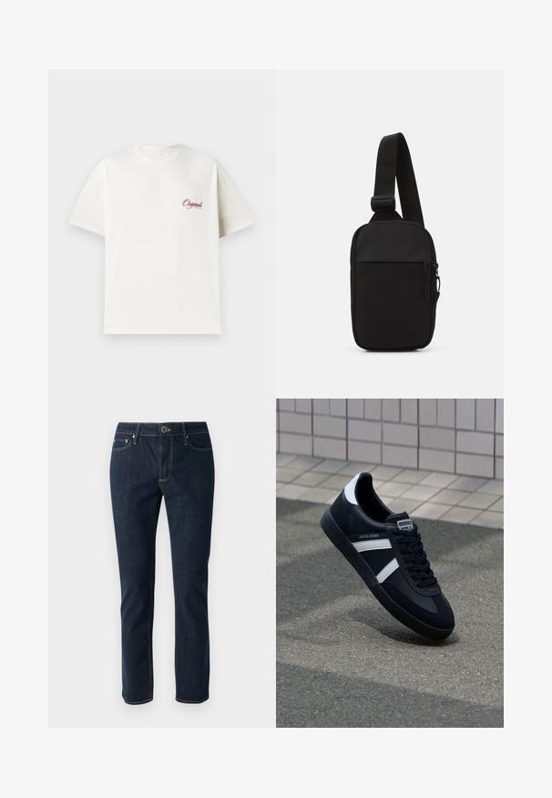 T-shirt alb din bumbac, cu mâneci scurte, decolteu rotund și un mic logo roșu imprimat în zona pieptului stâng. Textură netedă.; Jeans din denim albastru închis cu un design drept, având închidere cu buton, cinci buzunare și cusături contrastante. Textură netedă.; Sneaker din piele neagră cu dungi albe, talpă din cauciuc texturat și șireturi. Prezintă un eticheta de marcă pe limbă.; Geantă crossbody neagră, confecționată dintr-un material rezistent, dotată cu o curea ajustabilă, un compartiment principal cu fermoar și o buzunar frontal.