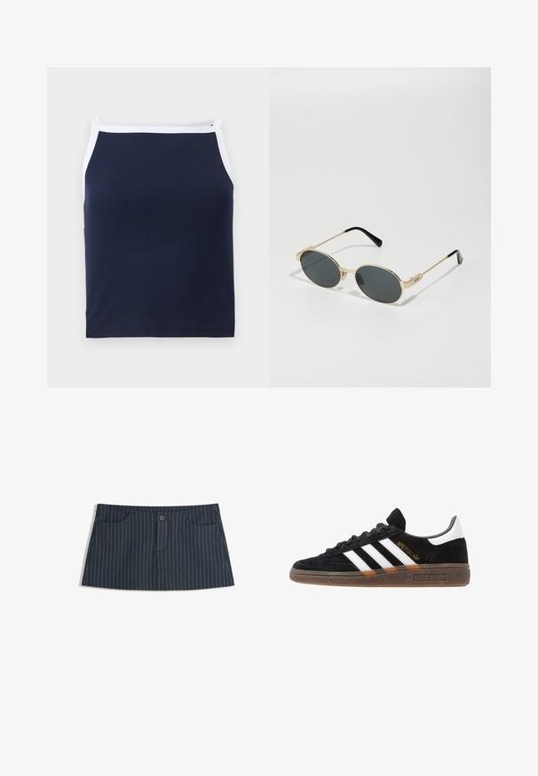 Navy ribbed tank top with white trim, featuring a rounded neckline and slim straps. Made from a soft cotton blend for comfort.; Hollister Co. SLIM SHIRTING - Button-down blouse - white; Navy blue pinstripe mini skirt with front pockets and a single button closure at the waist.; Black Adidas sneaker with white stripes, gold "Spezial" text, gum sole, and white heel tab, shown in profile view.; Gold metal sunglasses with oval lenses and dark tinted lenses. Black acetate tips on the arms. Brand name "QUAY" on the side.; Red leather shoulder bag with a curved design, smooth texture, and a zipper closure. It features a thin handle for carrying.