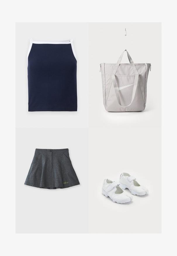 Navy ribbed tank top with white trim, featuring a rounded neckline and slim straps. Made from a soft cotton blend for comfort.; Gray skort made of textured fabric with a waistband button closure, featuring two side pockets and a subtle embroidered logo on the hem.; White athletic shoes featuring a textured upper, adjustable Velcro strap, rounded toe, and a chunky sole with distinct tread pattern.; Gray tote bag with reinforced handles, front zippered pocket, and a white Nike swoosh logo. Made of durable fabric with a smooth texture.