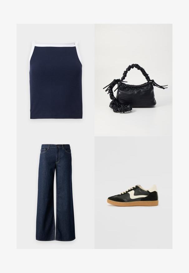 Top de tirantes acanalado en color navy con ribetes blancos, presentando un escote redondeado y tirantes delgados. Fabricado con una suave mezcla de algodón para mayor comodidad.; Jeans de pierna ancha en denim azul oscuro. Presenta costuras en contraste, cinco bolsillos y un cierre de botón en la cintura. Textura suave.; Zapatillas de deporte de ante y cuero negro con un swoosh lateral en crema y un talón en crema claro. Presenta cordones beige y una suela de goma marrón.; Bolso de mano de imitación cuero negro con textura de cocodrilo, parte superior fruncida y correa arrugada. Presenta un diseño suave y compacto.
