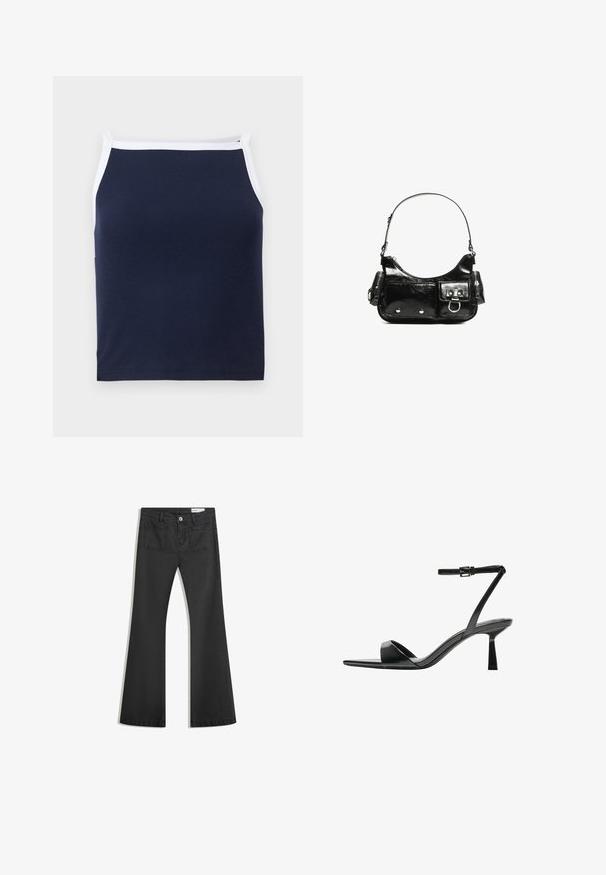 Mornarsko modra rebrasta majica brez rokavov z belimi obrobami, z zaobljenim izrezom in ozkimi naramnicami. Narejena iz mešanice mehkega bombaža za udobje.; Črne flare traperke z gladko teksturo, opremljene z dvema zadnjima žepoma in gumbnim zapiranjem v pasu.; Bershka Sandali z visoko peto - black; Črna lakasta usnjena torbica s ukrivljeno obliko, enim ramenskim trakom, sprednjimi žepi in srebrnimi kovinskimi dodatki.