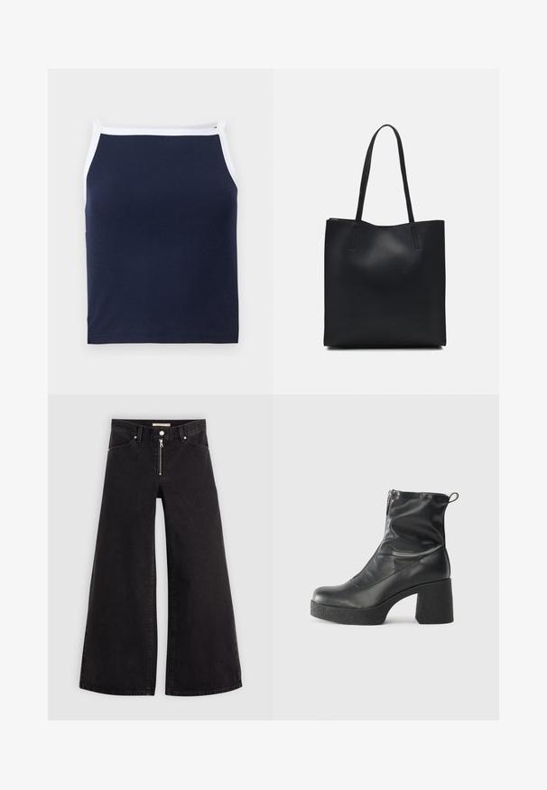 Navy ribbed tank top with white trim, featuring a rounded neckline and slim straps. Made from a soft cotton blend for comfort.; Wide-leg jeans in black denim with a zippered front, five-pocket design, and subtle stitching details. Smooth texture and casual style.; Black ankle boots made of smooth leather, featuring a side zipper, chunky textured heel, and rounded toe design.; Black leather tote bag with smooth texture, rectangular shape, and two long handles. No visible hardware or embellishments.