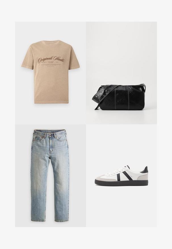 Beiger Baumwoll-T-Shirt mit kurzen Ärmeln, das einen braunen Vintage-Druck zeigt, auf dem "Originals Studio" steht, sowie zusätzlichem Text darunter.; Helle blaue Jeans mit hoher Taille, Frontknopf, Reißverschluss und fünf Taschen-Design, flach auf einem neutralen Hintergrund ausgelegt.; Weiße Sneaker mit schwarz- und grau-aczenten, ausgestattet mit einer strukturierten grauen Zehenkappe, schwarzer Gummi-Sohle und flachen weißen Schnürsenkeln. Sauberes Design, minimalistische Stil.; Schwarze Leder Schultertasche mit Reißverschluss, ausgestattet mit einer strukturierten Oberfläche, weißen Nähten und einem Tragegurt mit silbernen Ösen.