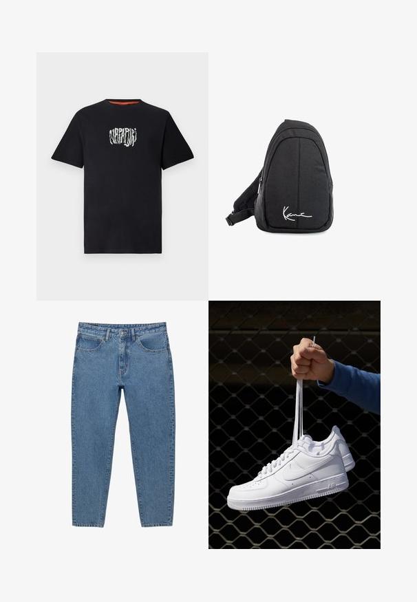 Svart bomull t-shirt med rund halsringning och korta ärmar. Har en texturerad vit grafisk logotyp centrerad på bröstet.; Blå denimjeans med rak benpassform, fem fickor och dragkedja. Har synlig sömnad och en blekt textur.; Vita lädersneakers med perforeringar, rund tå, platt sula och tjocka snörning, med en synlig swoosh-logga och "AIR" på hälen.; Svart tyg sling ryggsäck med en mjuk textur, med en rundad design, en dragkedjefack och en vit logotyp på framsidan.