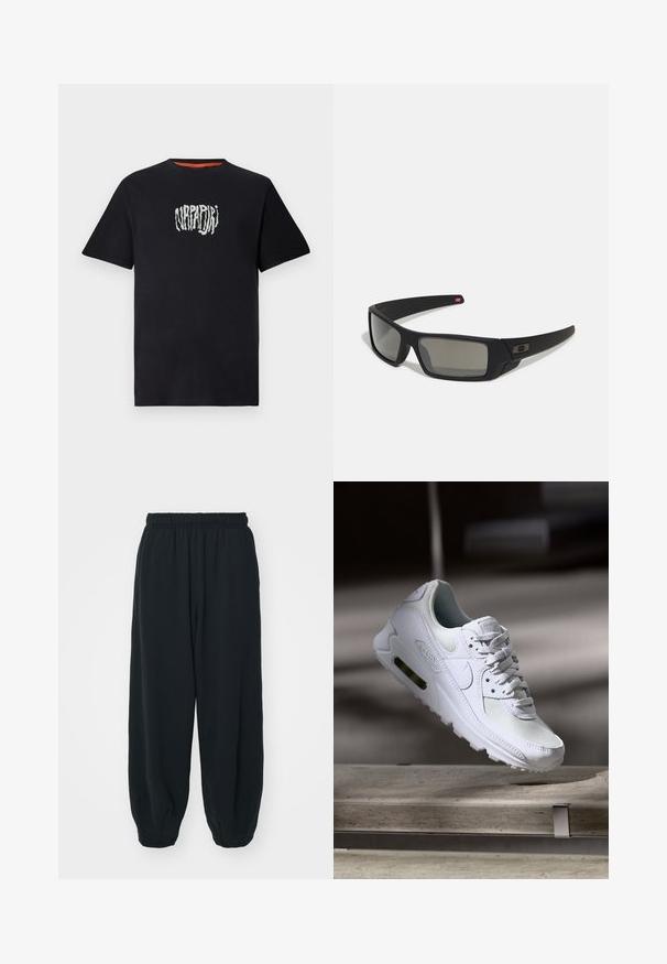 T-shirt de algodão preta com decote redondo e mangas curtas. Apresenta um logótipo gráfico em branco texturizado centrado no peito.; Calças de fato de treino pretas, com cintura elástica e um corte solto, com punhos nas pernas, textura suave e sem padrões visíveis ou detalhes de metal.; Sapatilha Nike Air Max 90 branca com parte superior em malha e couro, caixa de dedos perfurada e uma unidade de ar visível no calcanhar.; Óculos de sol pretos com acabamento mate, lentes retangulares, leve curvatura nas hastes, detalhe sutil do logo e lentes de cor fumada.
