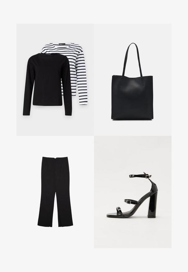 Dve srajce z dolgimi rokavi: ena popolnoma črna in ena bela s črnimi vodoravnimi črtami, narejena iz mehkega bombažnega blaga. Priložene oznake.; Črne hlače ravnega kroja z naglavnimi žepi in stranskimi razporki na robu. Narejene iz mehke, gladke tkanine. Primerne za različne priložnosti.; Črne lakirane sandale s peto, kvadratnim prstom, trakovi okrog gležnja in srebrnimi zaponkami. Opremljene so s stabilno Debelo peto.; Črna usnjena torba s svilnato teksturo, pravokotne oblike in dvema dolgima ročajema. Brez vidnih metalnih delov ali okrasnih elementov.