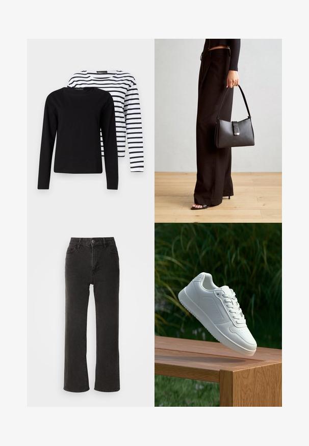 Dva majice dugih rukava: jedna potpuno crna i jedna bijela s crnim horizontalnim prugama, napravljene od mekog pamučnog materijala. Priložene oznake.; Crne široke traperice, izrađene od denima, s prednjim zatvaranjem na dugme, petljicama za pojas i pet džepova, s malo izblijedjelim dezenom.; Bijela tenisica sa glatkim sintetičkim gornjim dijelom, perforiranim prednjim dijelom, ravnim vezicama i teksturiranom potplatom, prikazana na drvenoj površini.; Crna torba s oblikom koji sadrži strukturu, glađu teksturu i metalnu kopču. Uparena s širokim crnim hlačama i sandalama na otvorenom s drvenog poda.