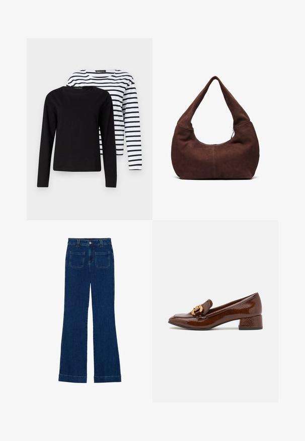 Zwei Langarmhemden: eines in einfarbig Schwarz und eines in Weiß mit schwarzen horizontalen Streifen, aus weichem Baumwollstoff. Mit Etiketten versehen.; Dunkelblaue Denim-Jeans im Schlagstil mit glatter Textur, Fünf-Taschen-Design und einem Knopfverschluss an der Taille.; Braune Lederloafers mit glänzender Oberfläche, ausgestattet mit einer dekorativen goldenen Schnalle an der Vorderseite und einem niedrigen Blockabsatz. Klassisches Design.; Braune Wildleder-Hobo-Tasche mit einem gebogenen, breiten Griff und einer großen Öffnung. Weiche Textur mit sichtbaren abgesteppten Details entlang der Kanten.