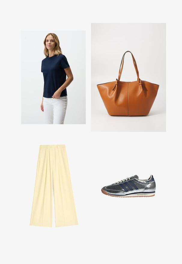 Granatowa koszulka z krótkim rękawem, wykonana z miękkiej tkaniny, z okrągłym dekoltem i luźnym krojem, w połączeniu z białymi spodniami.; Spodnie o szerokich nogawkach z miękkiego, jasnobrązowego materiału, z plisami i dopasowanym stanem. Gładka tekstura, brak widocznych wzorów i elementów metalowych.; Srebrne syntetyczne sneakersy z granatowymi paskami, okrągłym noskiem, białym wykończeniem i gumową podeszwą. Posiadają fakturowaną cholewkę i sznurowane zamknięcie.; Brązowa skórzana torba tote o szerokim, kanciastym kształcie; ma dwie długie rączki i kontrastowe przeszycia wzdłuż krawędzi.