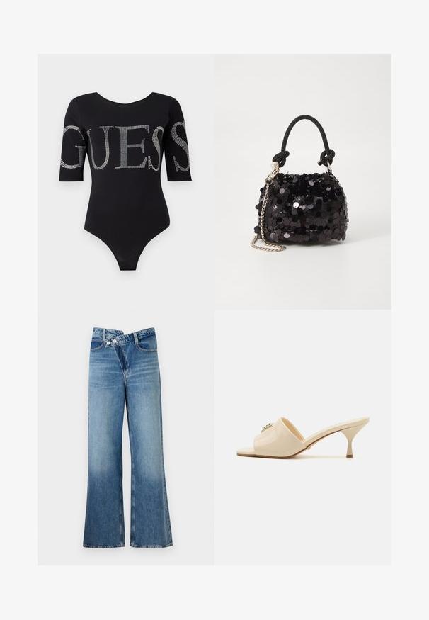 Juodas bodis su apvaliu iškirpimu ir trijų ketvirčių rankovėmis. Abu rankovės puošia didžiulis "GUESS" tekstas, išklotas blizgučiais. Lygus audinys.; Šviesiai mėlynos džinsinės kelnes platėjančios apačios, aukštu liemeniu, su dviem saga ir priekinių kišenių detalėmis. Medžiaga turi išblukusį tekstūrą su subtiliais skirtumais.; Smėlio spalvos patentuotas odinis atviras mules tipo sandalai su žemu stiletto kulnu. Zentralinis dekoratyvinis akcentas priekyje. Lygi, blizgi apdaila.; Juodas blizgučių mini rankinukas su mazguotu tekstūruotu dirželiu ir sidabro grandine. Suapvalinta forma su susiraukšlėtopu ir atspindinčiomis detalėmis.