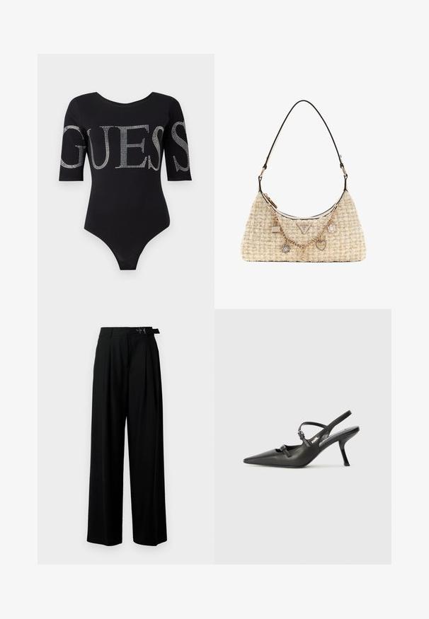 Mustal bodysuit ümarate kaelus ja kolmanda neljandiku varrukatega. Omab suuri "GUESS" tekste rengakividest mõlemal varrukal. Sile kangas.; Mustad kõrge vöökohaga mustad laiad püksid, millel on ees voldid ja vöö, millel on pandla. Valmistatud siledast ja kergest kangast.; Must musta slingback kontsad, terava nina, peenike konts ja dekoratiivne pandla detail peal. Sile tekstuur ja stiilne disain.; Kreemivärvi tweed-kott kuldsete detailidega, millel on dekoratiivsed ripatsid ja kontrastne must õlarihm. Kolmnurkne brändi logo kaasas.