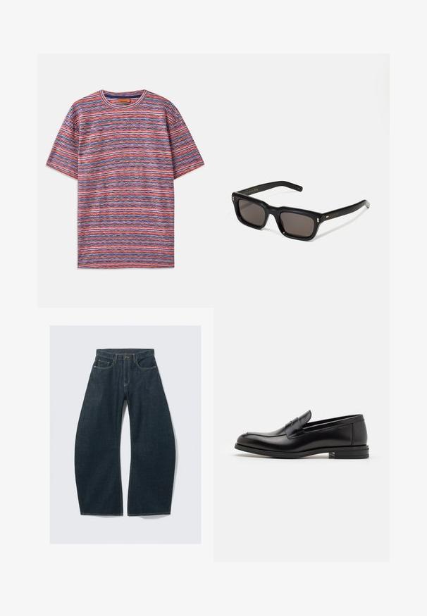 Pruhované krátké rukávy tričko vyrobené z měkké tkaniny, s mixem červených, modrých a bílých horizontálních pruhů a kruhovým výstřihem.; Tmavě modré džíny s širokými nohavicemi vyrobené z denimu, s pěti kapsami, viditelným prošitím, zapínáním na knoflíky a čistým dokončením.; Černé kožené polobotky s hladkou texturou, zaoblenou špičkou a zdobným páskem přes nárt. Nízký stohovaný podpatek, minimalistický design.; Černé obdélníkové sluneční brýle s tmavými skly, silným plastovým rámem, zlatými akcenty na spáncích a vyrytým logem značky na nožičce.