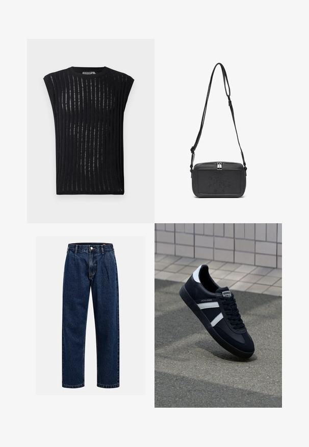 Czarny krótki top z krótkim rękawem wykonany z lekkiego materiału w pionowe paski. Posiada okrągły dekolt i dopasowany krój.; Granatowe dżinsy o prostym kroju nogawki. Posiada widoczne szwy, zapięcie na guzik oraz fałdy z przodu dla dodatkowego detalu.; Czarne skórzane sneakersy z białymi paskami, teksturowana gumowa podeszwa i sznurowane z przodu. Posiadają metkę marki na języku.; Czarna skórzana torba na ramię z zamkiem błyskawicznym, wytłoczone logo na przodzie i regulowanym paskiem. Gładka tekstura w prostokątnym kształcie.
