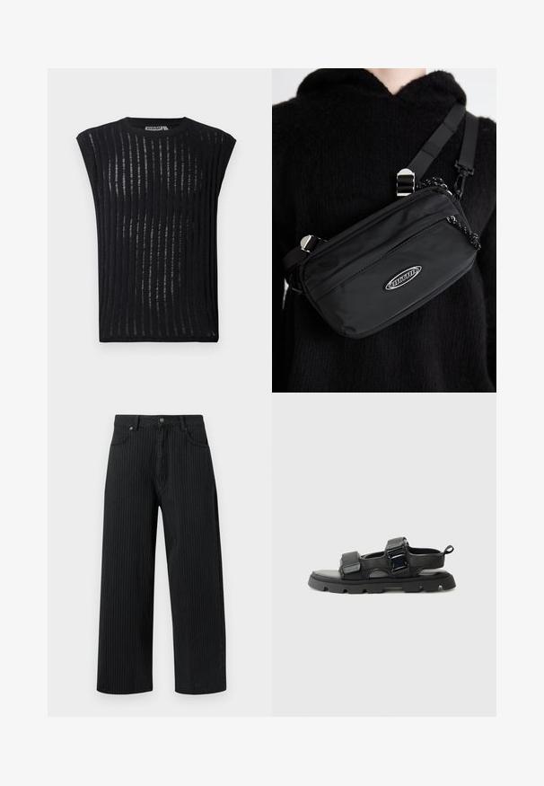 Svart kortermet topp laget av lett stoff med vertikale striper. Har rund halslinning og en tettsittende silhuett.; Svartstripete bukser med vide ben laget av bomull med en teksturert overflate. Inkluderer frontlommer og knappelukking i livet.; Sorte sandaler med en teksturert stoffoverdel, brede stropper, metallspenne detaljer og en tykk gummisåle med et mønster av lugs.; Svart nylon crossover-veske med justerbar stropp, med en jevn tekstur, en frontlomme med glidelås, og en logo-detalj.